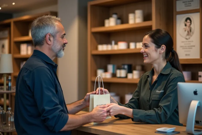 Client achetant des produits Magnifaïk dans une boutique spécialisée en France
