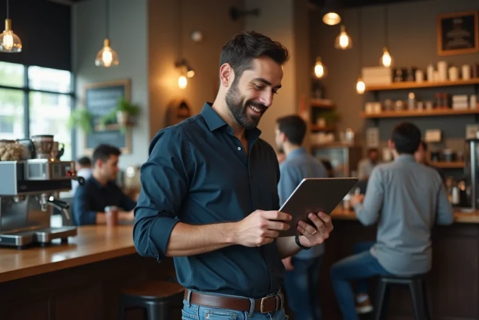 Homme consultant un flux d'actualités web sur une tablette dans un café urbain animé