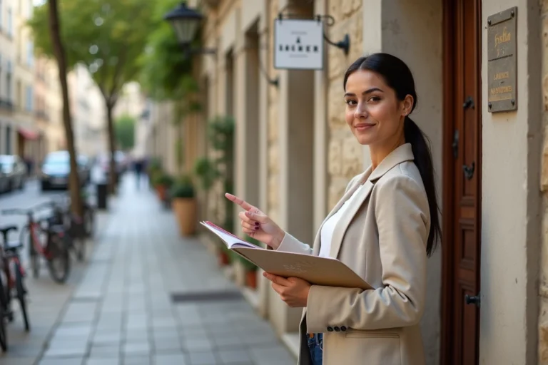 Femme agent immobilier devant un immeuble à louer dans une ville moyenne française