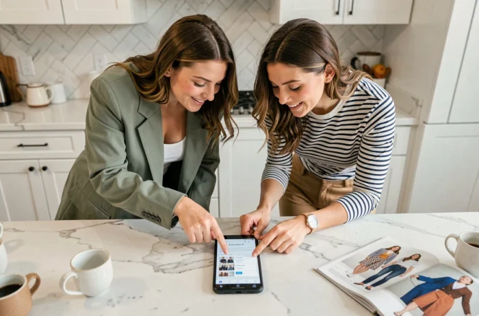 Deux amies consultant ensemble une plateforme d'inspiration mode sur smartphone autour d'un îlot de cuisine en marbre