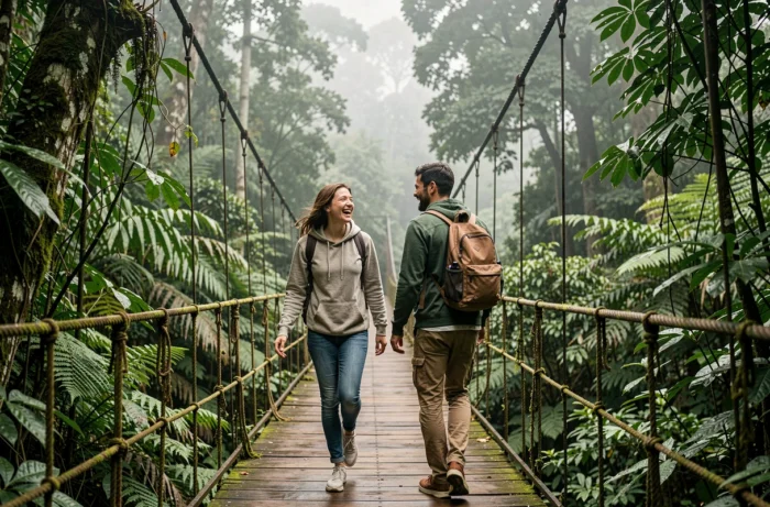Deux amis voyageurs traversant un pont suspendu au milieu d'une jungle tropicale verdoyante