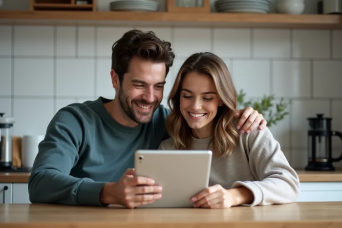 Deux amis regardant du contenu vidéo sur une tablette dans une cuisine, découverte de plateformes alternatives à Tirexo