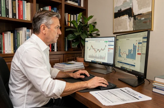 Investisseur immobilier analysant des graphiques de marché et des taux hypothécaires sur ordinateur depuis son bureau à domicile