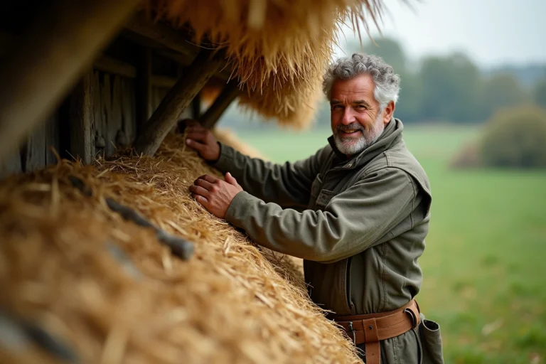 Artisan posant des bottes de chaume sur un toit de cottage