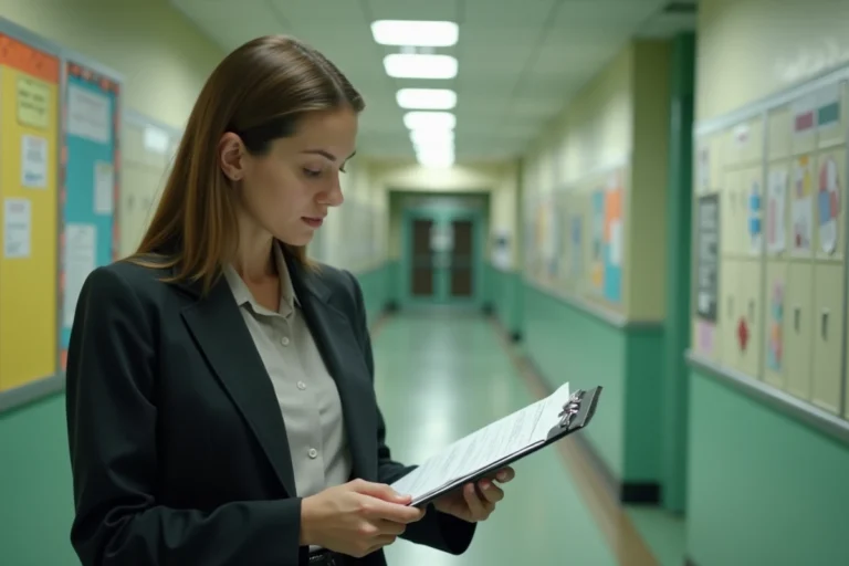 Assistante d'éducation dans un couloir d'un collège français tenant un registre de présences des élèves