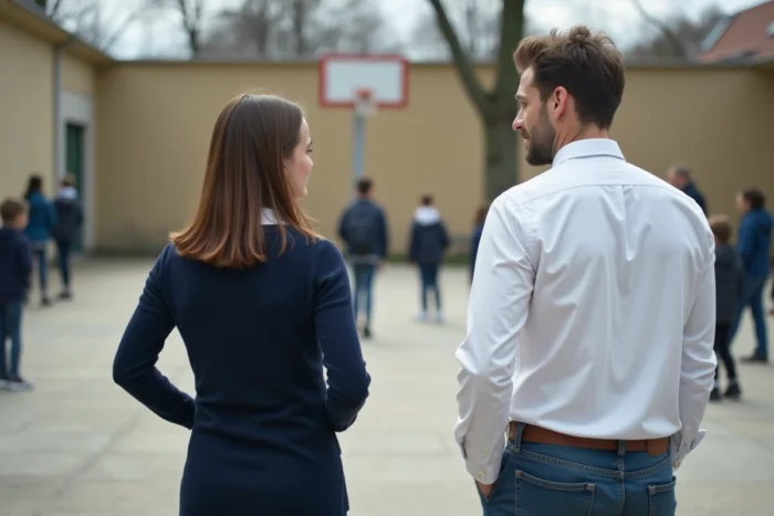 Deux assistants d'éducation surveillant la cour de récréation d'un établissement scolaire public en France