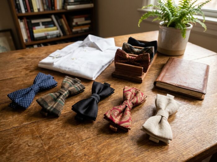 Assortiment de noeuds papillons de styles et matières variés posés en flat-lay sur une table en chêne avec une chemise blanche