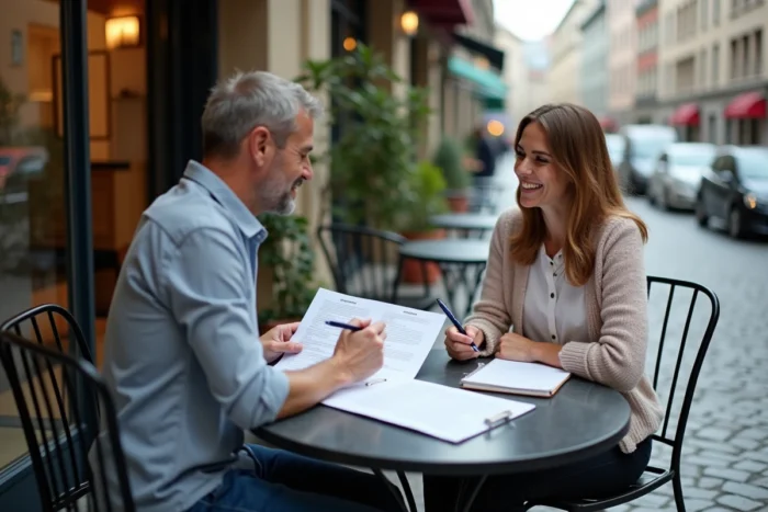 Réunion entre un auto-entrepreneur et un conseiller en terrasse de café pour examiner des contrats et services professionnels