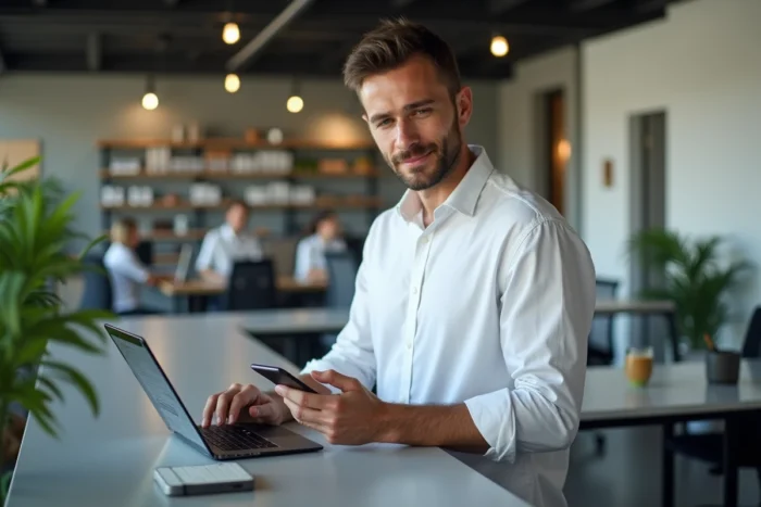 Auto-entrepreneur consultant son tableau de bord professionnel sur tablette dans un espace de coworking