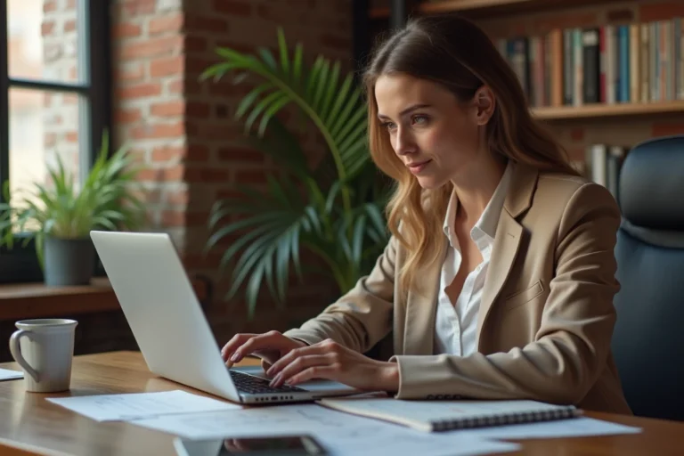 Auto-entrepreneuse travaillant sur son ordinateur portable dans un bureau à domicile moderne, entourée de documents administratifs