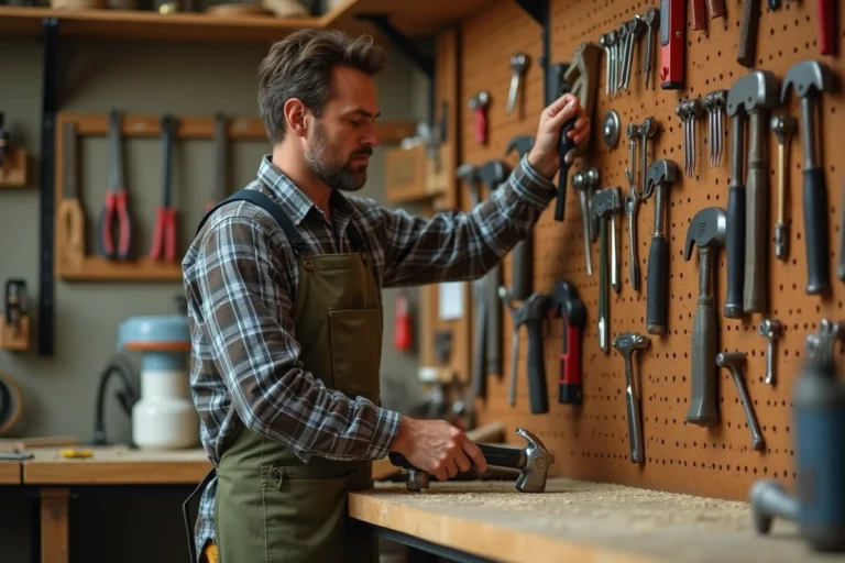 Homme bricoleur organisant ses outils sur un tableau perforé dans un atelier maison bien équipé