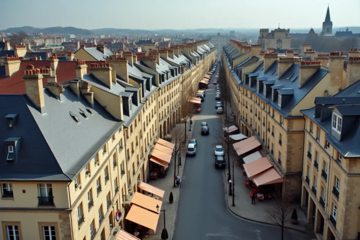 Vue aérienne d'un centre-ville de ville moyenne française avec panneaux de location immobilière