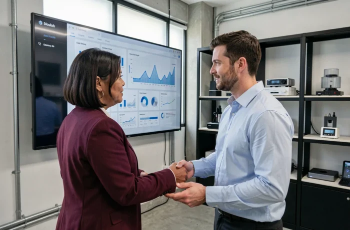 Deux professionnels collaborant devant un écran tactile affichant des tableaux de bord de données dans un laboratoire d'innovation moderne