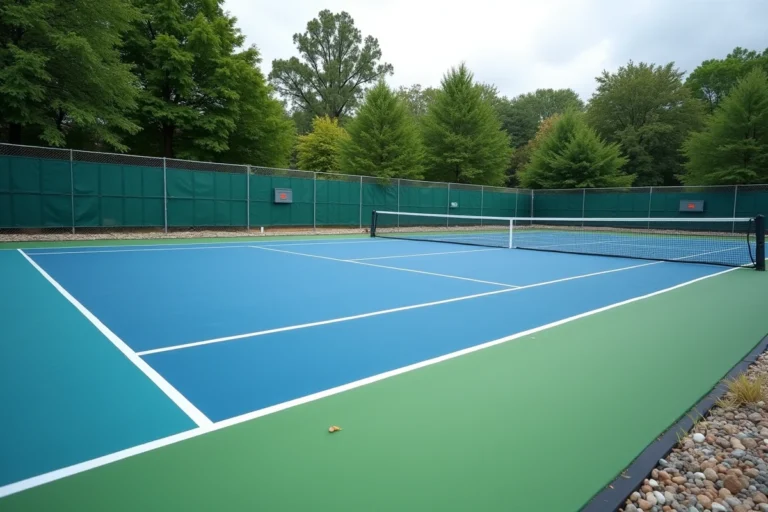 Court de tennis extérieur nouvellement construit avec surface acrylique bleue et verte, lignes blanches et clôture grillagée, entouré d'arbres