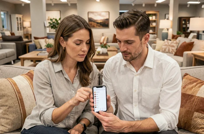 Couple utilisant un smartphone pour naviguer sur le plan du site d'une enseigne de mobilier