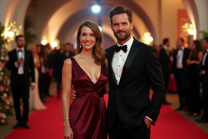 Couple élégant lors d'une soirée gala londonienne, femme en robe bordeaux et homme en smoking