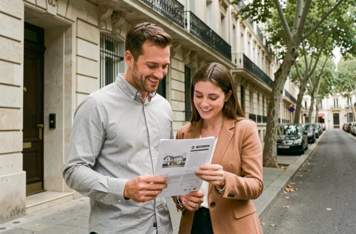 Couple visitant un immeuble résidentiel rénové pour un projet d'investissement immobilier locatif en ville