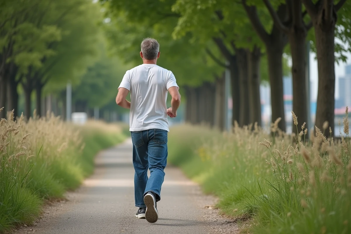 Homme courant dans un parc urbain avec arbres et fleurs