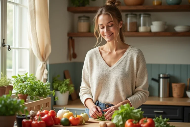 Femme préparant des légumes frais dans une cuisine lumineuse