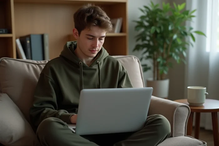 Jeune personne sur un canapé consultant un guide de dépannage pour résoudre un problème de connexion en ligne