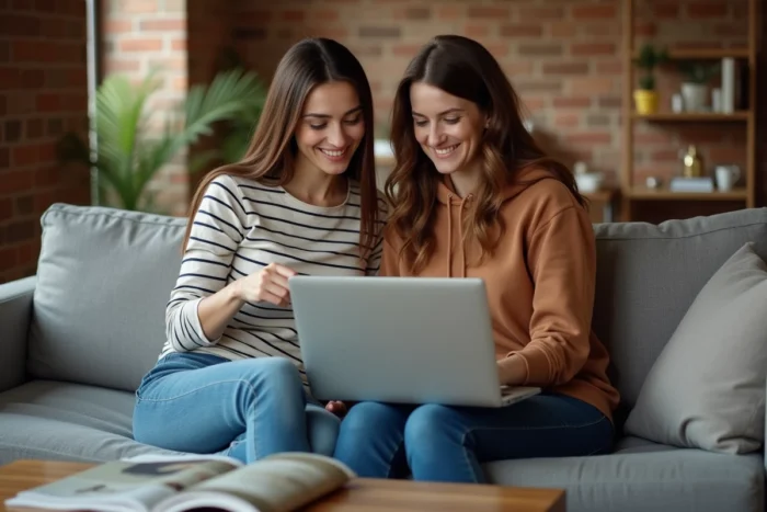 Deux amies regardant ensemble les avantages du programme de parrainage Zalando Privé sur un ordinateur portable dans un salon chaleureux