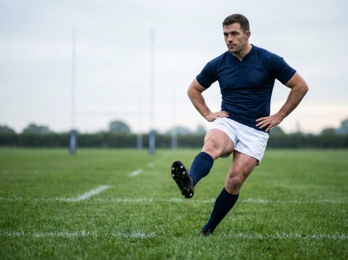 Joueur de rugby effectuant des exercices d'échauffement dynamique sur un terrain en herbe avant un match prolongé
