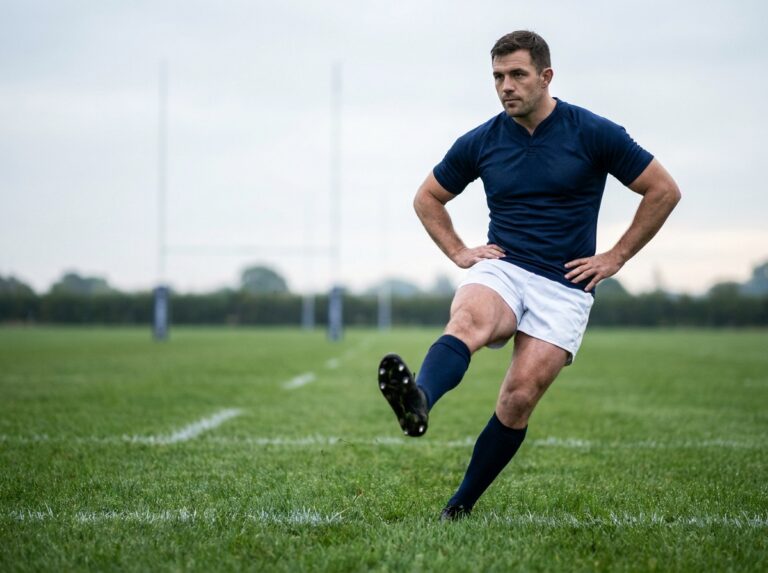 Joueur de rugby effectuant des exercices d'échauffement dynamique sur un terrain en herbe avant un match prolongé