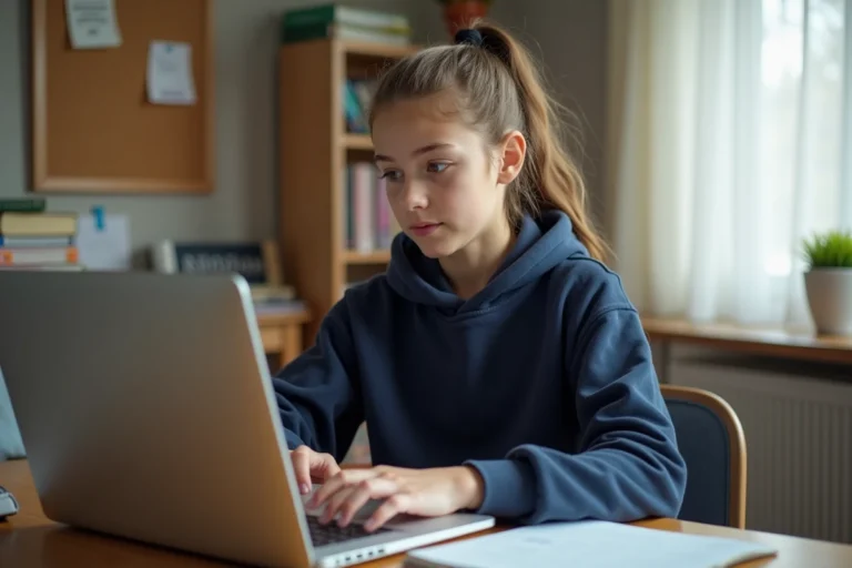 Élève adolescente accédant à l'espace familles sur la plateforme IENT depuis un ordinateur portable dans sa chambre