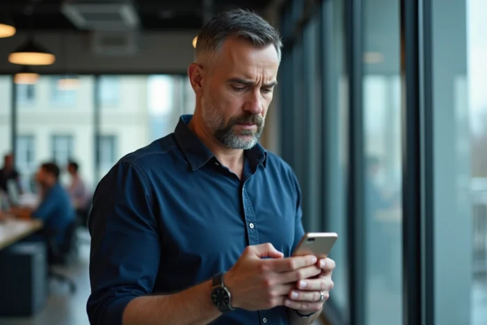 Homme en bureau regardant son smartphone avec une erreur de connexion à une plateforme en ligne