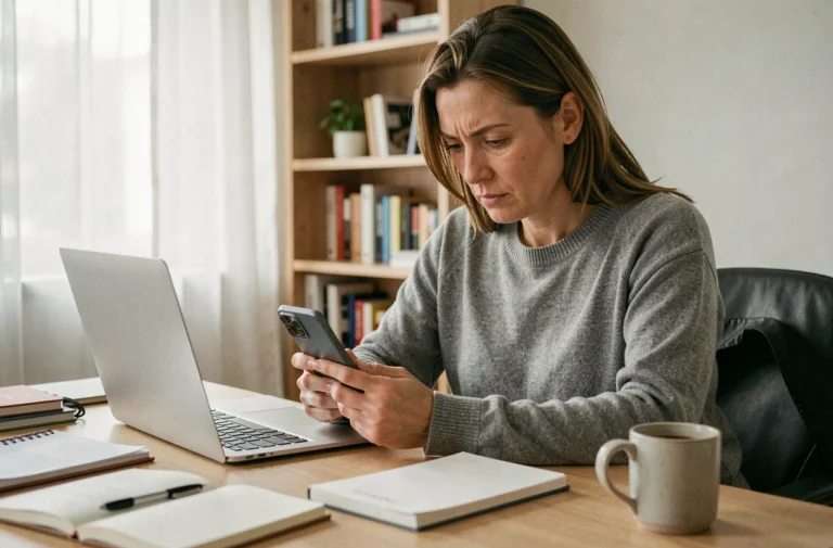Femme consultant les dernières actualités sur son smartphone dans un bureau à domicile moderne