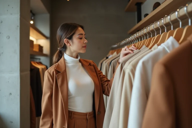 Jeune femme élégante parcourant un portant de vêtements tendance dans une boutique de mode moderne aux murs en béton brut