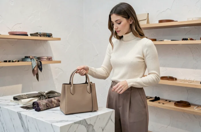 Jeune femme découvrant un sac à main en cuir beige dans une boutique minimaliste, accessoires de mode tendance et élégants