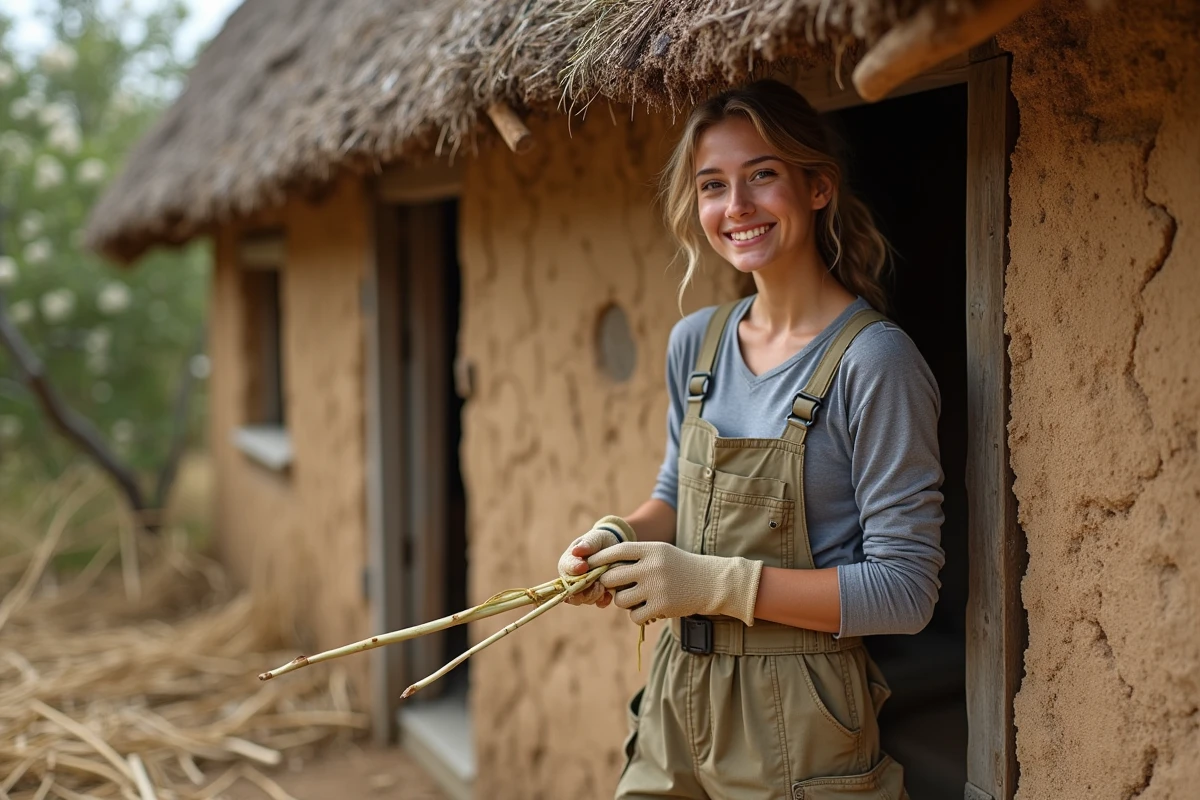 Jeune femme souriante attachant des brins de saule pour le toit