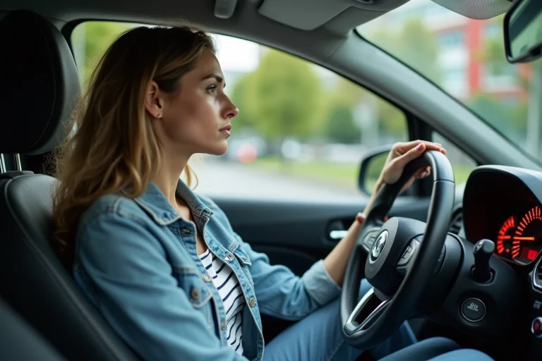 Femme dans sa voiture regardant le niveau de carburant