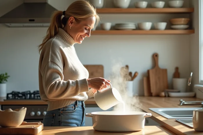 Femme versant de l'eau dans un plat en cuisine lumineuse