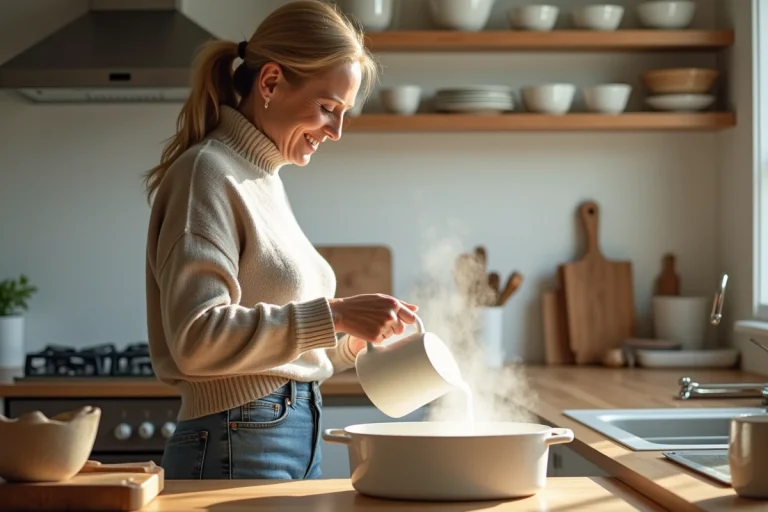 Femme versant de l'eau dans un plat en cuisine lumineuse