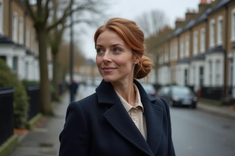 Femme élégante en manteau marine dans une rue londonienne pavée, style discret et raffiné