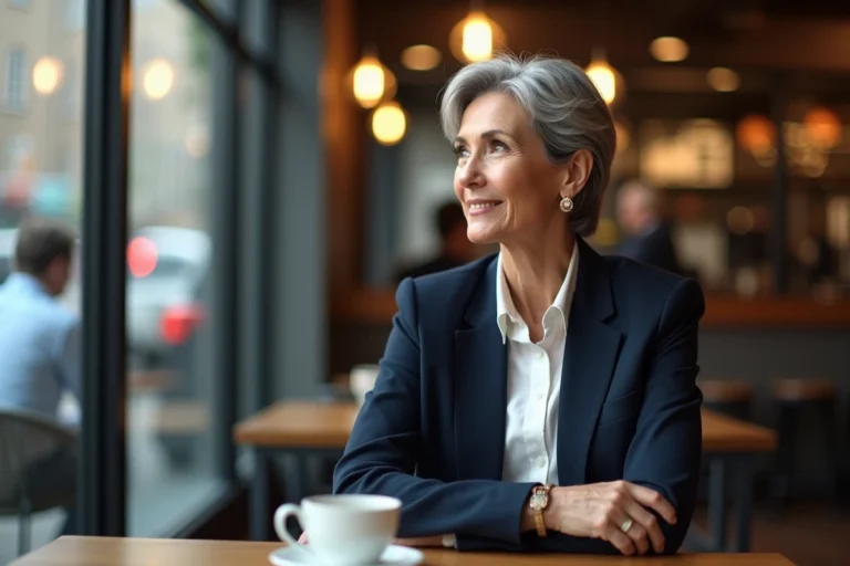 Femme élégante avec blazer dans un café urbain