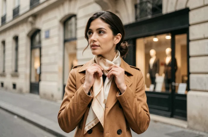 Femme élégante en trench camel ajustant un foulard en soie dans une rue parisienne, accessoires tendance et style raffiné