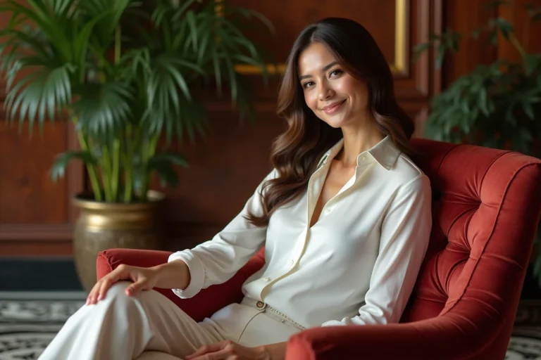 Femme élégante en blouse blanche dans un salon luxueux