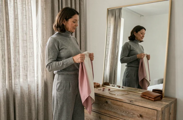Femme mature devant un miroir en pied dans une chambre minimaliste, essayant un foulard en soie pour compléter sa tenue