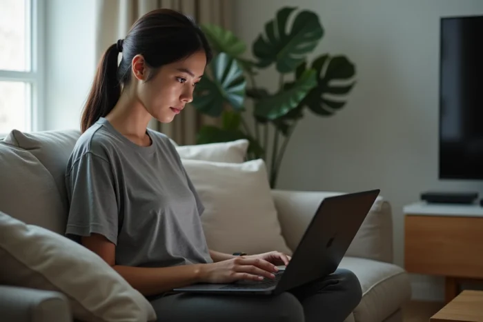Femme assise sur un canapé avec un ordinateur portable cherchant des alternatives légales au streaming illégal