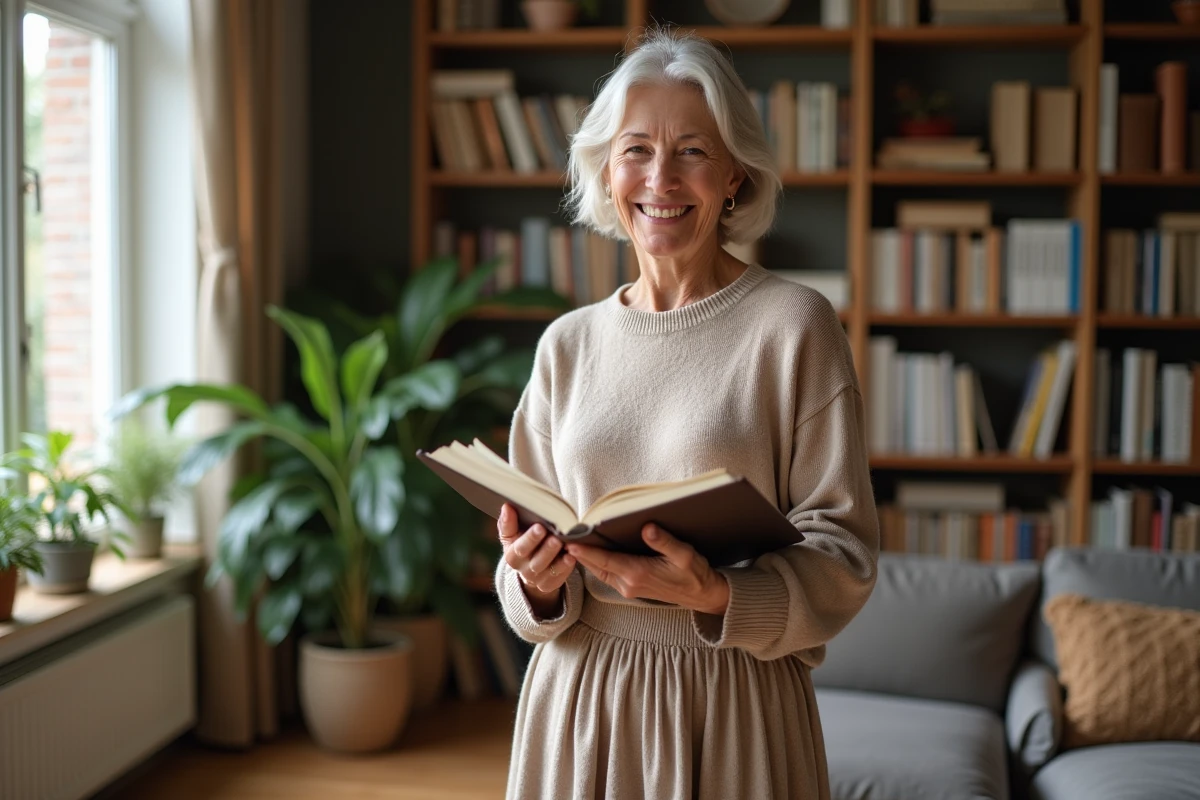 Femme âgée souriante avec livre dans un salon cosy