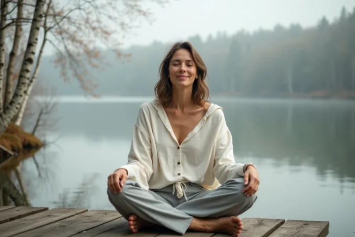 Femme en méditation sereine assise sur un ponton en bois au bord d'un lac calme entouré de bouleaux en automne