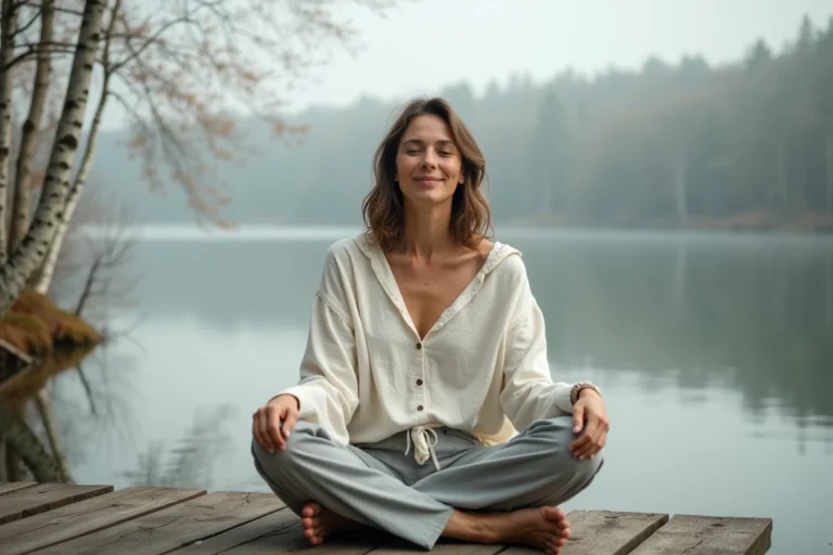 Femme en méditation sereine assise sur un ponton en bois au bord d'un lac calme entouré de bouleaux en automne
