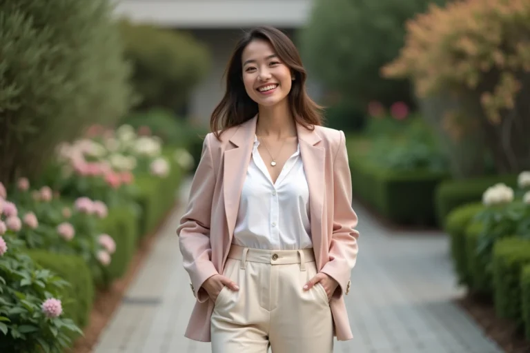 Femme élégante en blazer pastel dans un jardin urbain