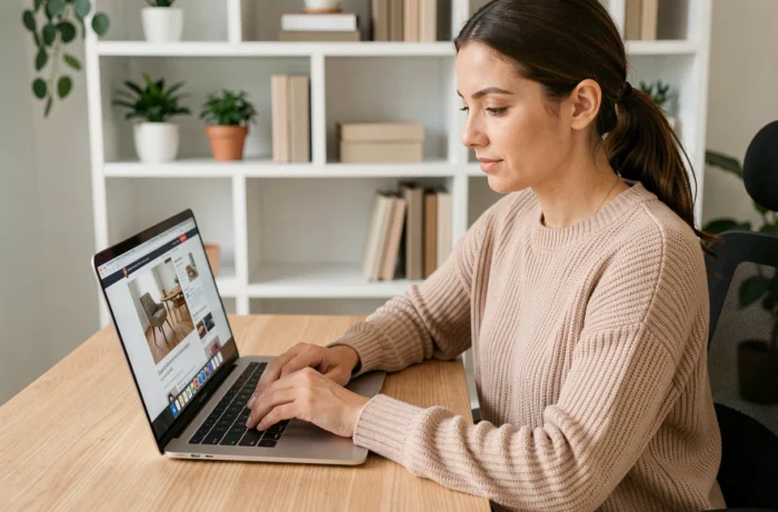 Femme naviguant sur le plan du site d'un magasin de meubles depuis son bureau à domicile