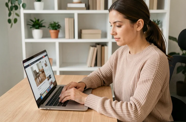 Femme naviguant sur le plan du site d'un magasin de meubles depuis son bureau à domicile
