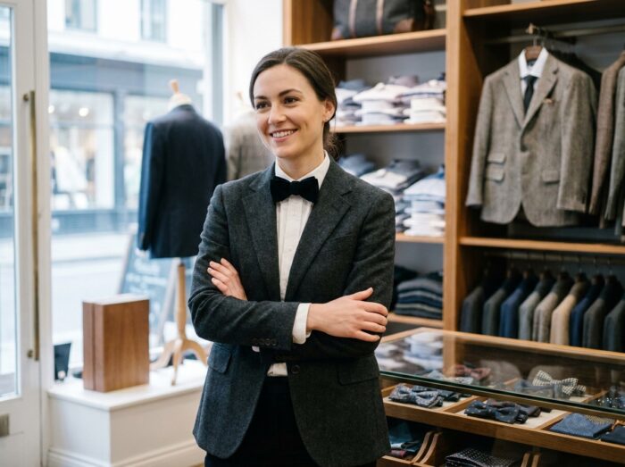 Femme élégante en blazer anthracite portant un noeud papillon en velours noir dans une boutique de mode masculine