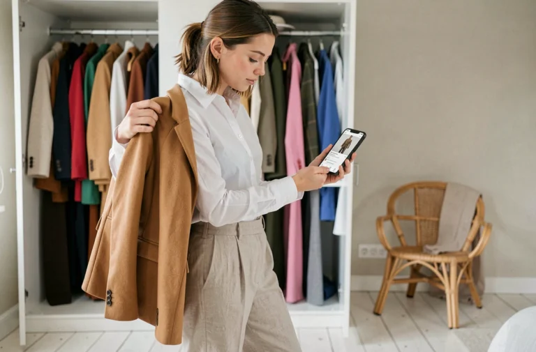 Jeune femme organisant sa garde-robe avec une application de mode sur smartphone dans une chambre scandinave épurée
